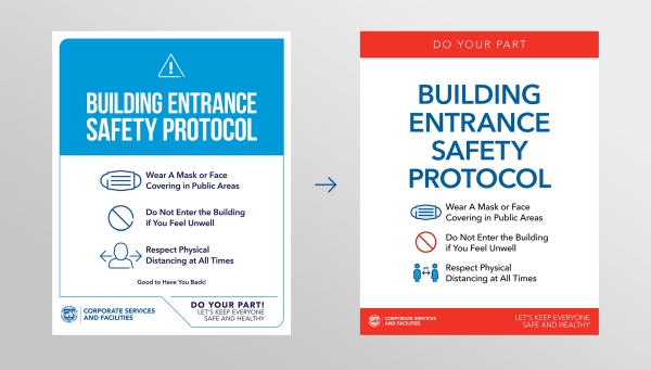 graphic showing two different versions of back-to-work safety signage with the same message, before and after applying recommendations from BVA Nudge Unit