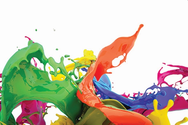 graphic of different colors of paint splashing in front of a white background