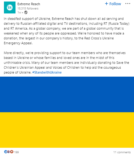 LinkedIn post from Extreme Reach outlining its efforts to support Ukraine